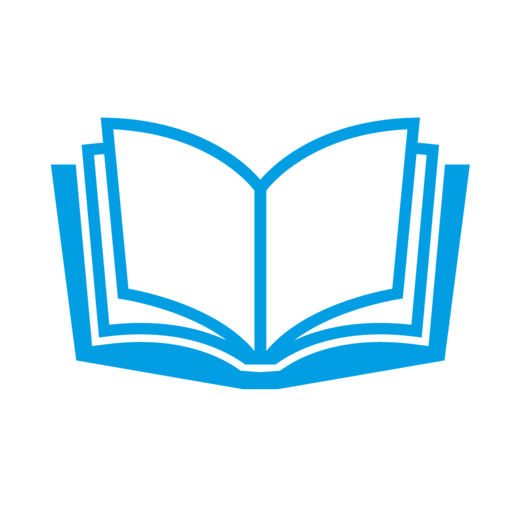 A blue icon of an open book on a white background.