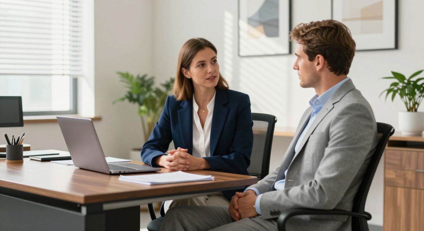 Woman and man in suits at a desk, discussing; laptop and papers present in a bright office.