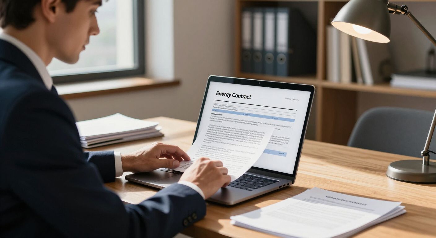 Man in suit writing at a desk, papers and calculator present. Office setting.