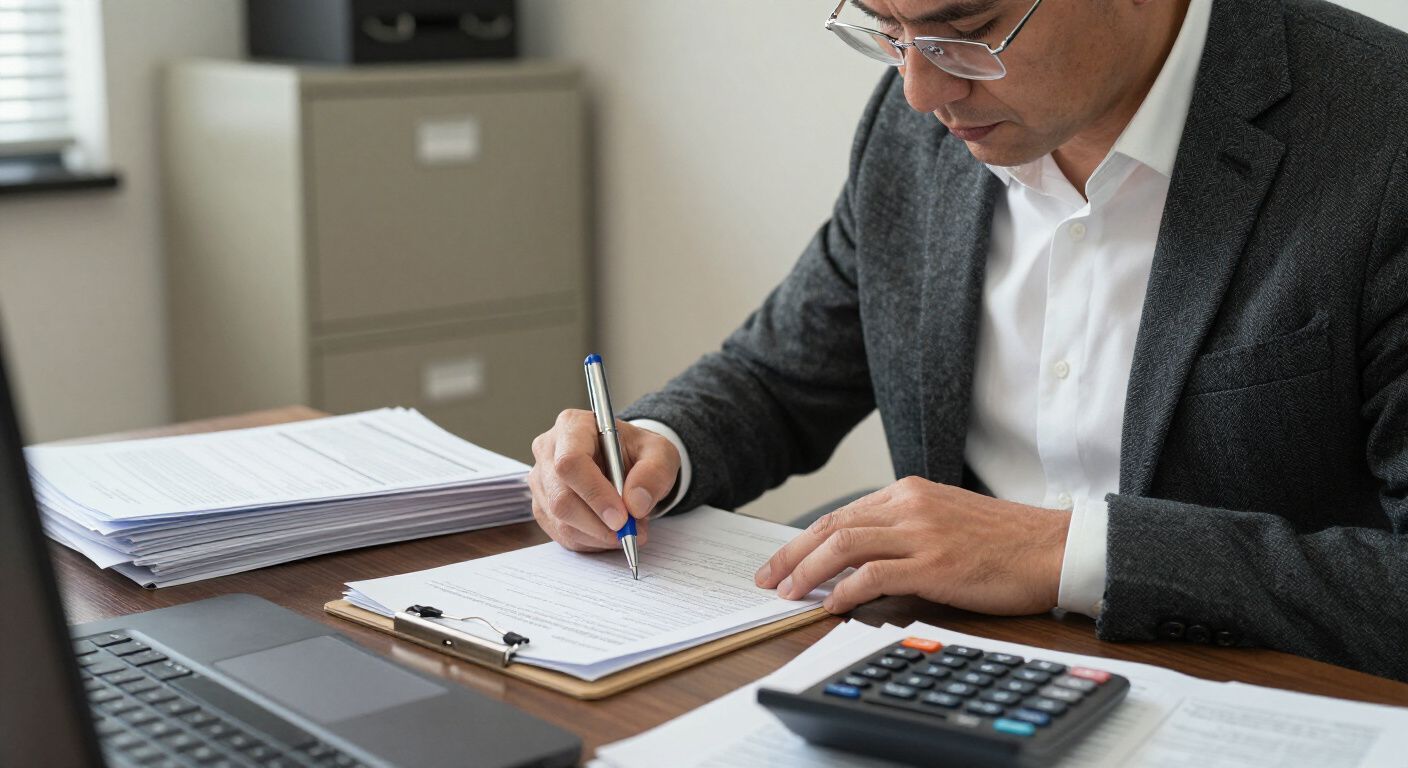 Two people working together at a desk, reviewing documents and using laptops.