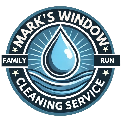 The logo for mark 's window cleaning service shows a drop of water in the middle of a circle.