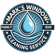 The logo for mark 's window cleaning service shows a drop of water in the middle of a circle.