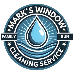 The logo for mark 's window cleaning service shows a drop of water in the middle of a circle.