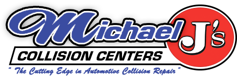 a logo for michael j 's collision centers the cutting edge in automotive collision repair