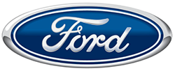 a blue and silver ford logo on a white background .