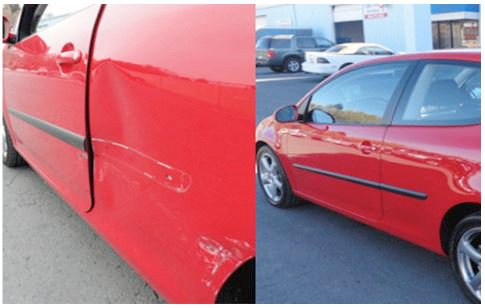 a red car with a scratch on the side of it