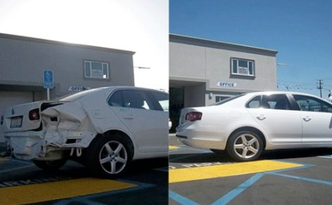 a before and after photo of a white car in a parking lot