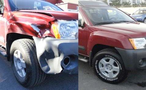a before and after photo of a red truck with a damaged front bumper