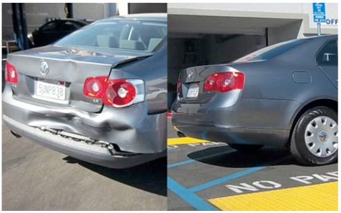 a before and after picture of a car that has been damaged