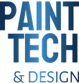 the logo for paint tech and design is blue and white .