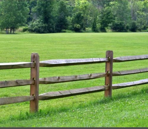 A wooden fence surrounds a grassy field with trees in the background