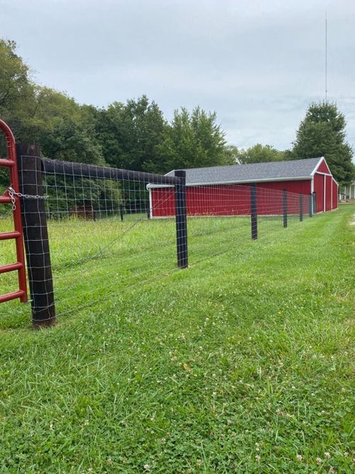 A red barn is behind a fence in a grassy field.