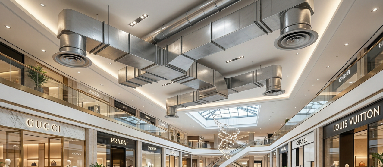 A bright, modern indoor shopping mall with high-end storefronts, people walking on marble floors, and visible ductwork.