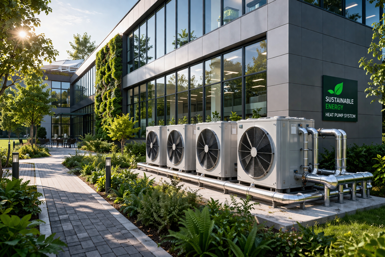 A modern office building with large windows and four industrial heat pump units outdoors, surrounded by a garden and path.