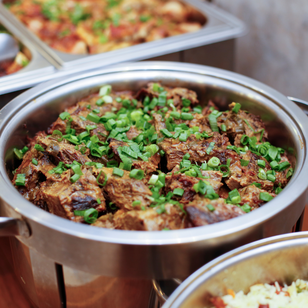 A bowl of meat with green onions on top of it