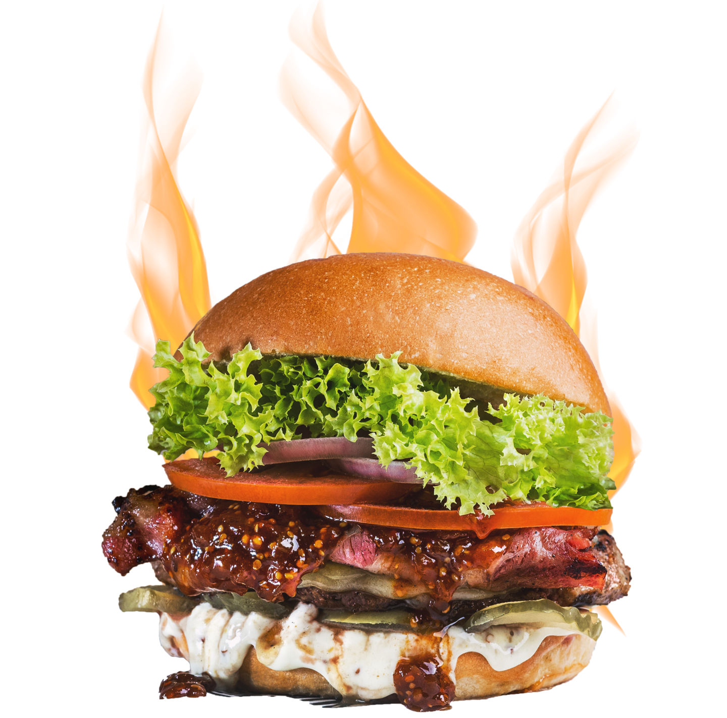 A hamburger with lettuce tomato and pickles on a bun with flames behind it