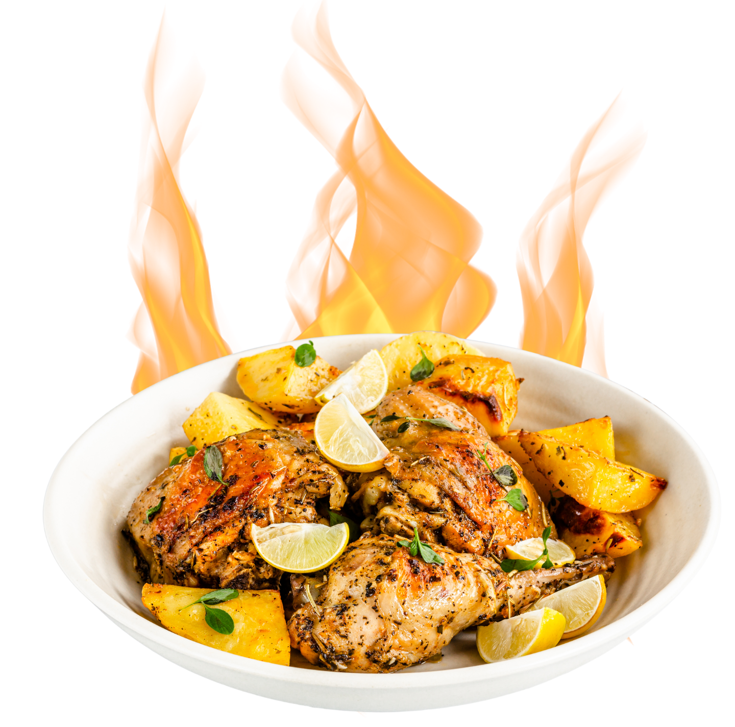 A bowl of chicken and potatoes with flames coming out of it