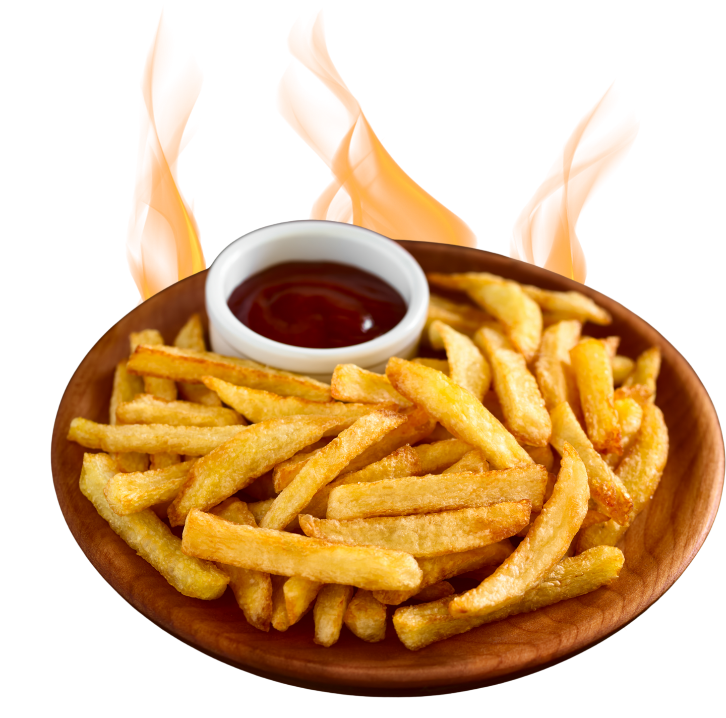 A plate of french fries with a small bowl of ketchup