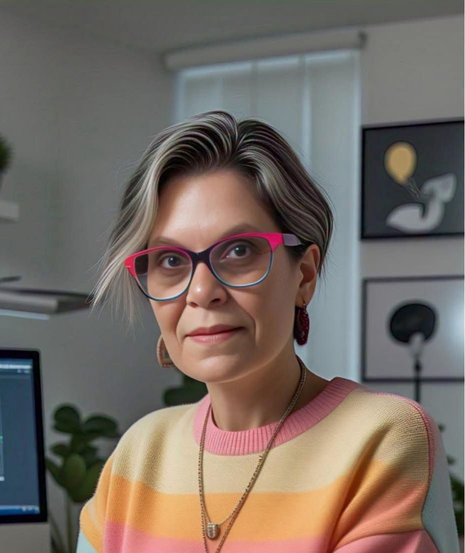 Woman with glasses and short, gray and dark hair, nwears a colorful sweater and earrings, sits at a desk with a computer.
