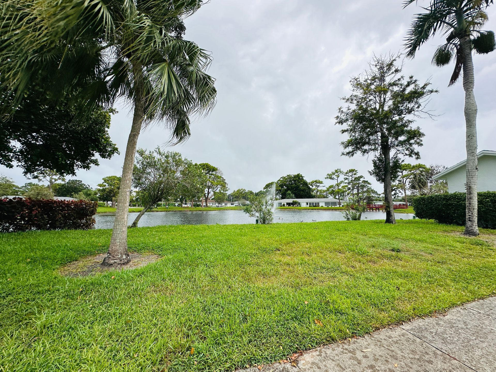 Lush green lawn with a pond and small trees. Cloudy sky and houses in the background.