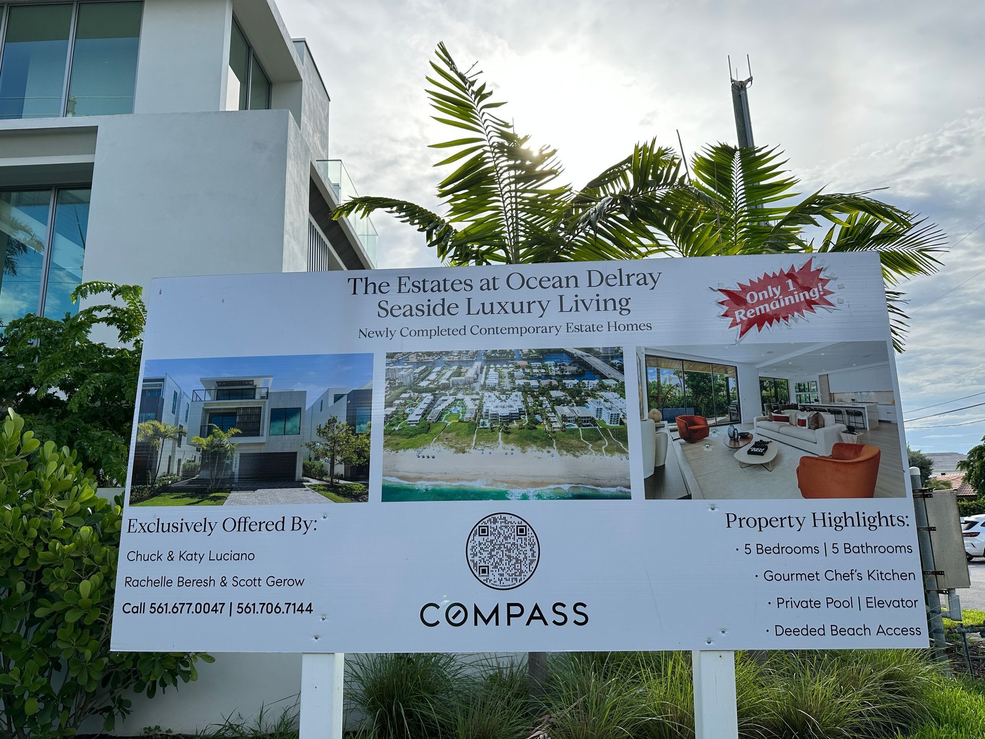 Real estate sign for luxury beach living; exterior shots of a modern house and interior design. Compass logo present.