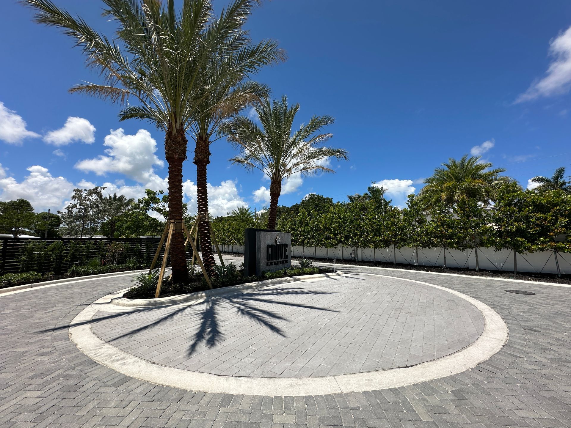 Palm trees on a circular brick plaza with a white border, under a blue sky with clouds.