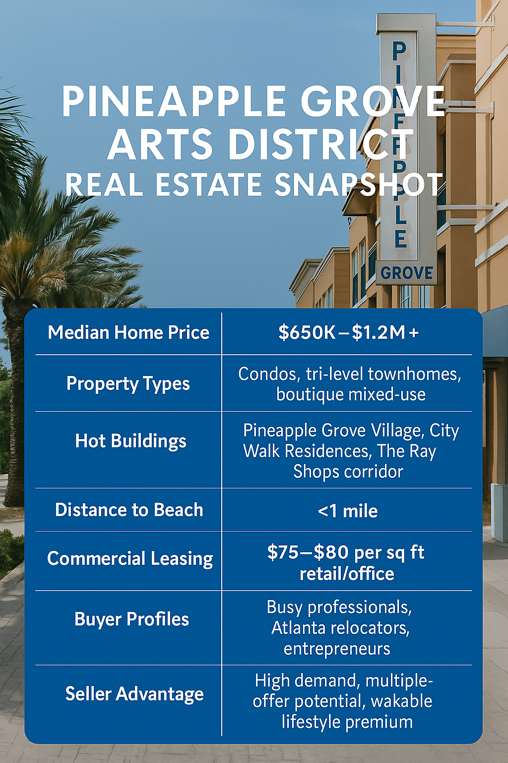 Info graphic showing data for Pineapple Grove in Delray Beach.