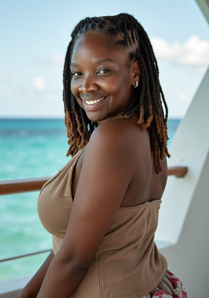 Woman with locs and a warm smile, wearing a tan top, posing on a deck with ocean in the background.