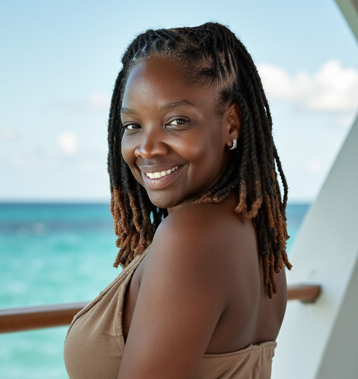 A woman with locs smiles at the camera, standing outdoors with a turquoise ocean in the background.