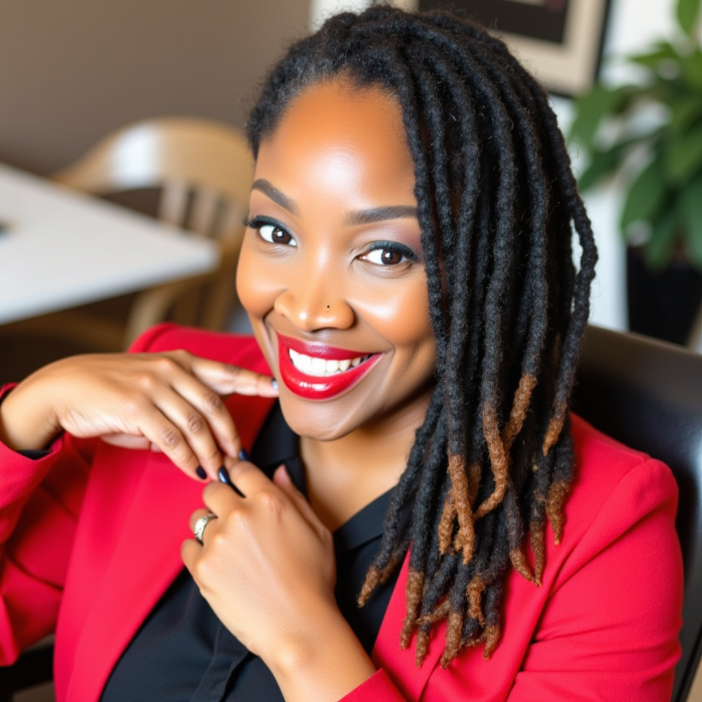 Smiling Black woman with locs in a red blazer and black shirt, seated indoors. She has bright red lipstick and is holding her hand up near her face.