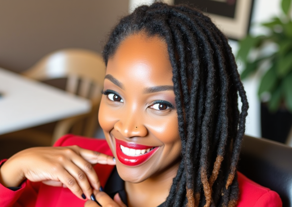 Smiling Black woman with long dreadlocks in a red blazer, indoors, looking at the camera.