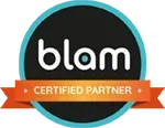 Blam logo within a turquoise circle, black background with 