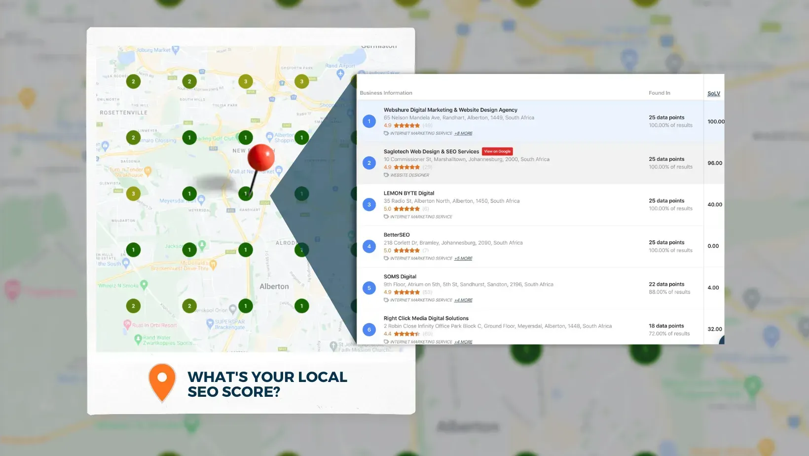 Map with green dots and red pin. Detail view of search results for a local SEO score.
