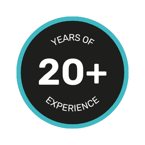 Black circle badge with blue border and white text: 