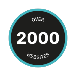Over 2000 websites, white text on black circle, teal border.