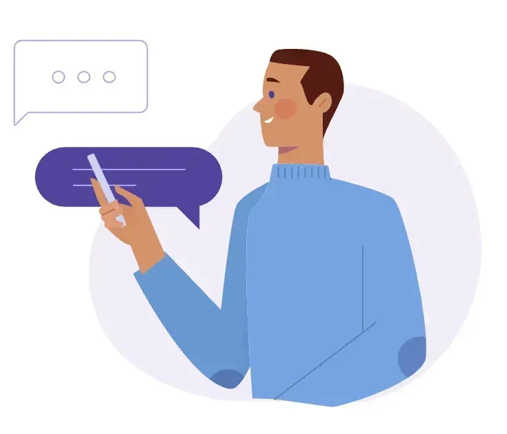 Man in blue sweater texting on a phone with speech bubbles.