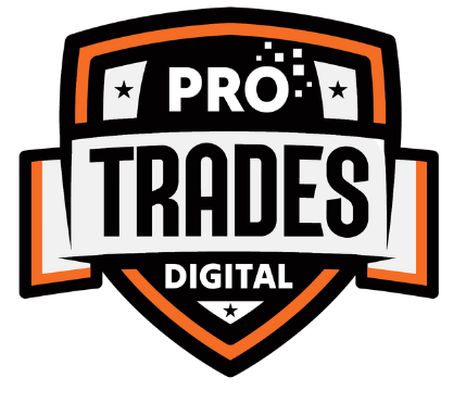 Logo for Pro Trades Digital, featuring a shield shape with white, black, and orange text.