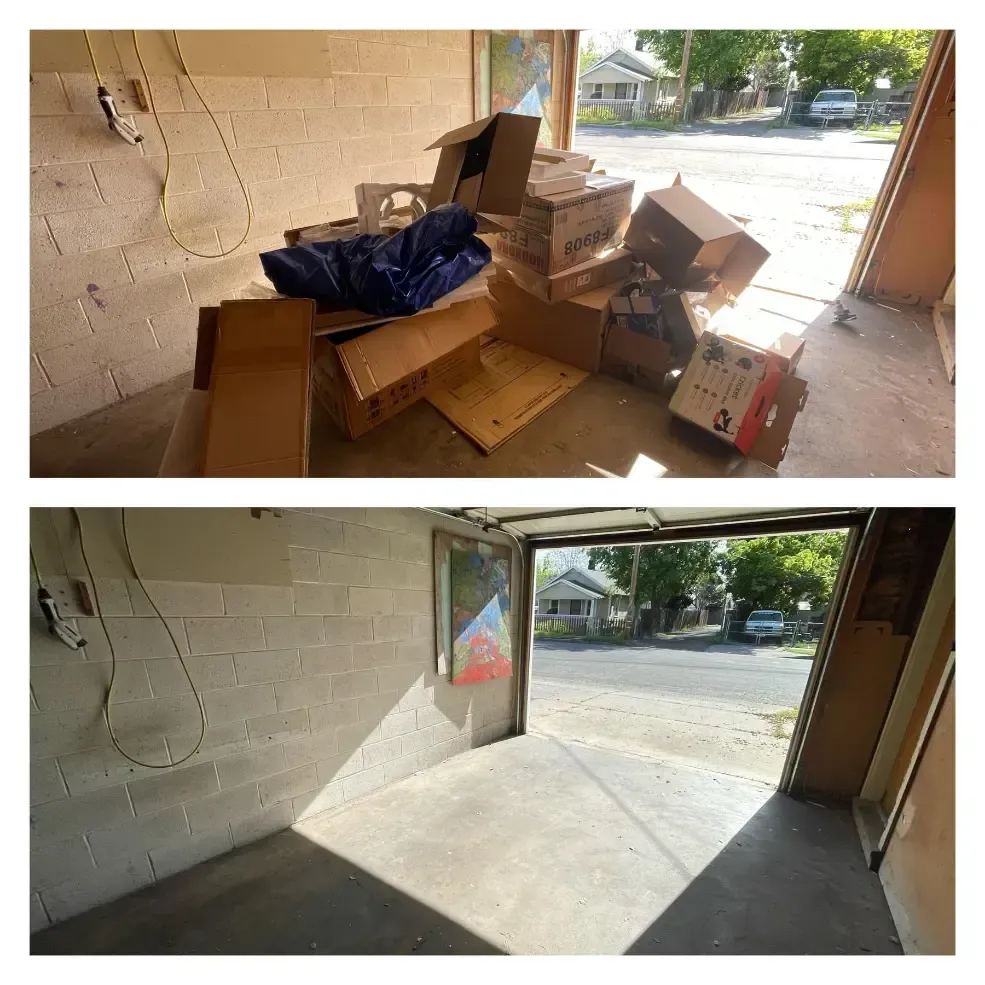 A before and after picture of a garage filled with boxes