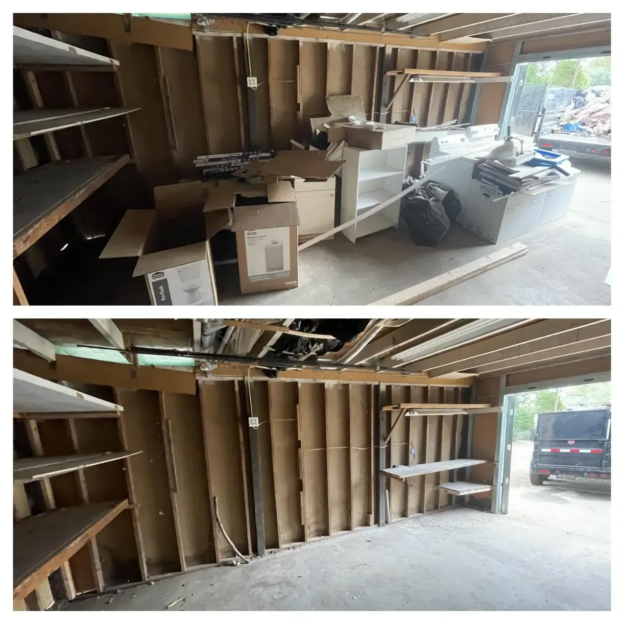 A before and after photo of a garage filled with boxes and shelves.