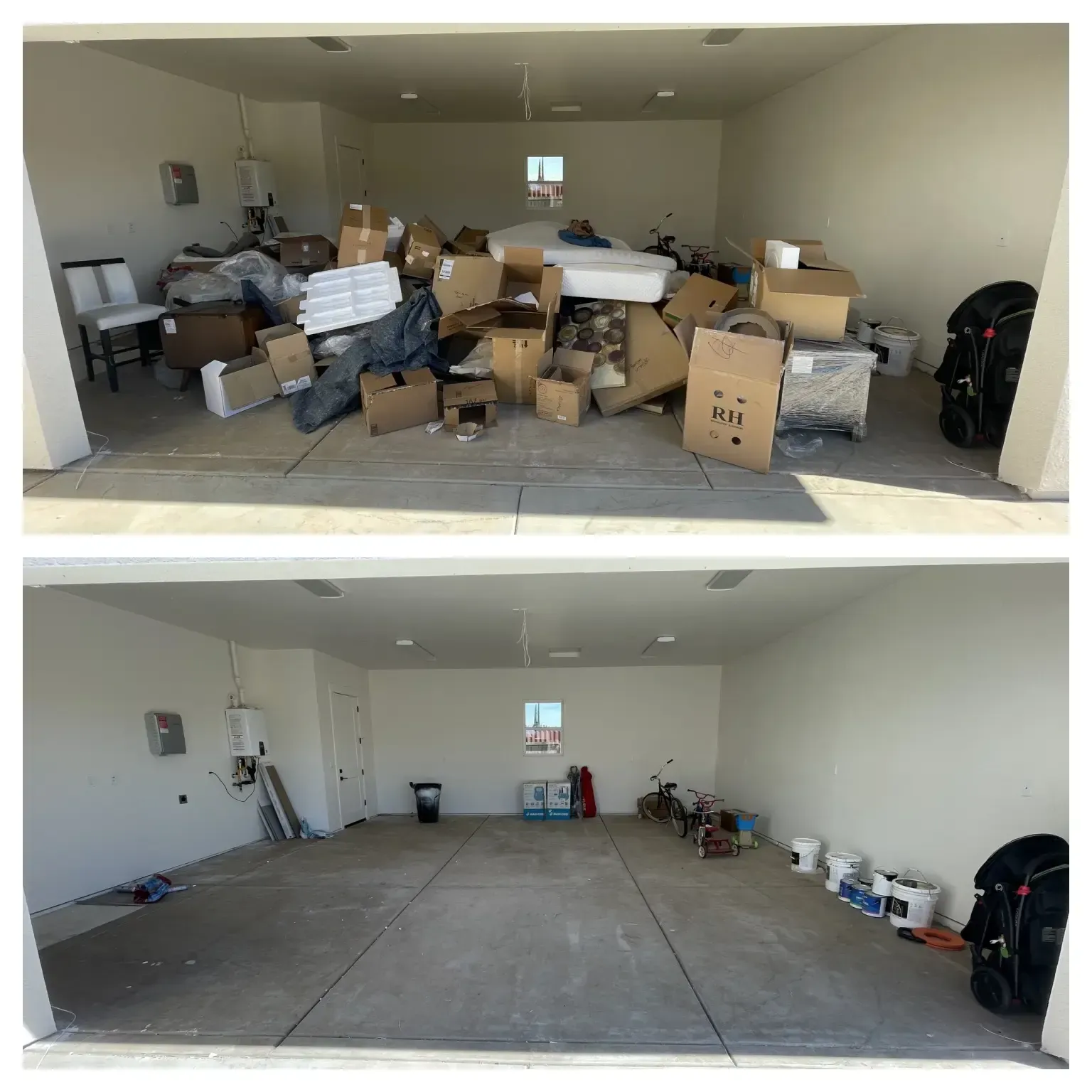 A before and after photo of a garage filled with boxes