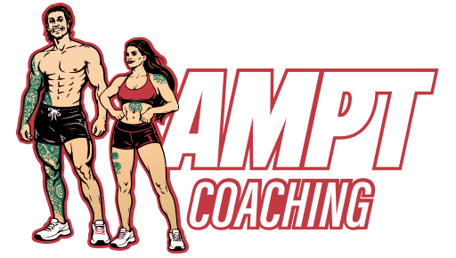 AMPT Coaching logo with illustrated male and female athletes in red, black, and tan