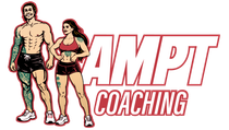 AMPT Coaching logo with illustrated male and female athletes in red, black, and tan