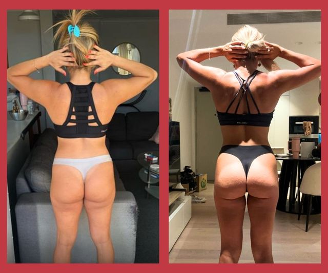 Side-by-side mirror photos of a person in a black sports bra and underwear, showing back view in different poses