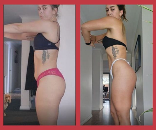 Side-by-side fitness progress photos of a woman in black sportswear and pink underwear, side view.
