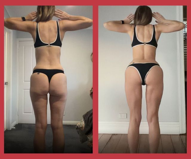 Side-by-side back-view fitness progress photos in black underwear against a red wall.