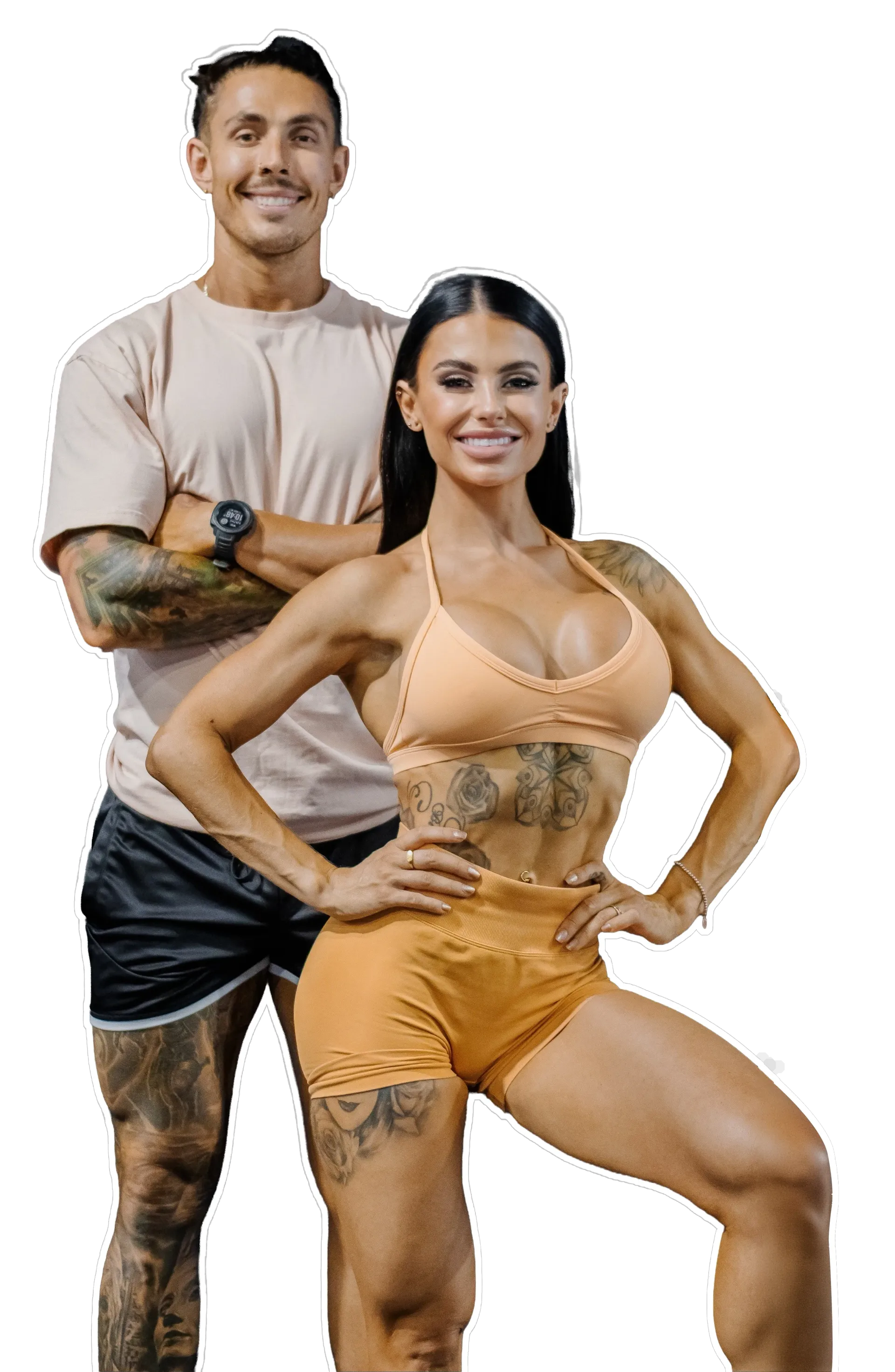 Two fitness models posing in workout clothes, standing confidently against a white background.