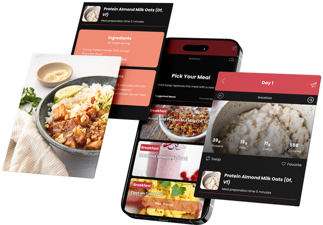 Screenshots of a food app, showcasing recipes and meal plans.