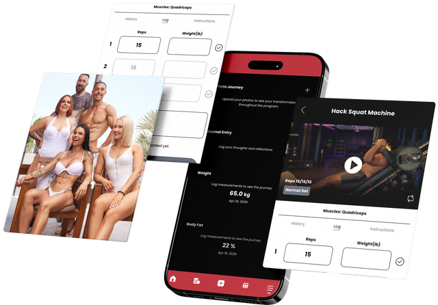 Screenshots of a fitness app, featuring workout videos and progress tracking.