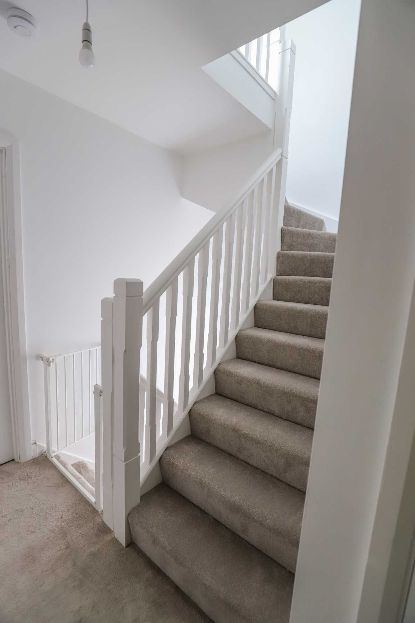 A staircase with a white railing and carpeted steps in a house.