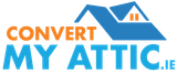 A blue and orange logo for convert my attic.ie